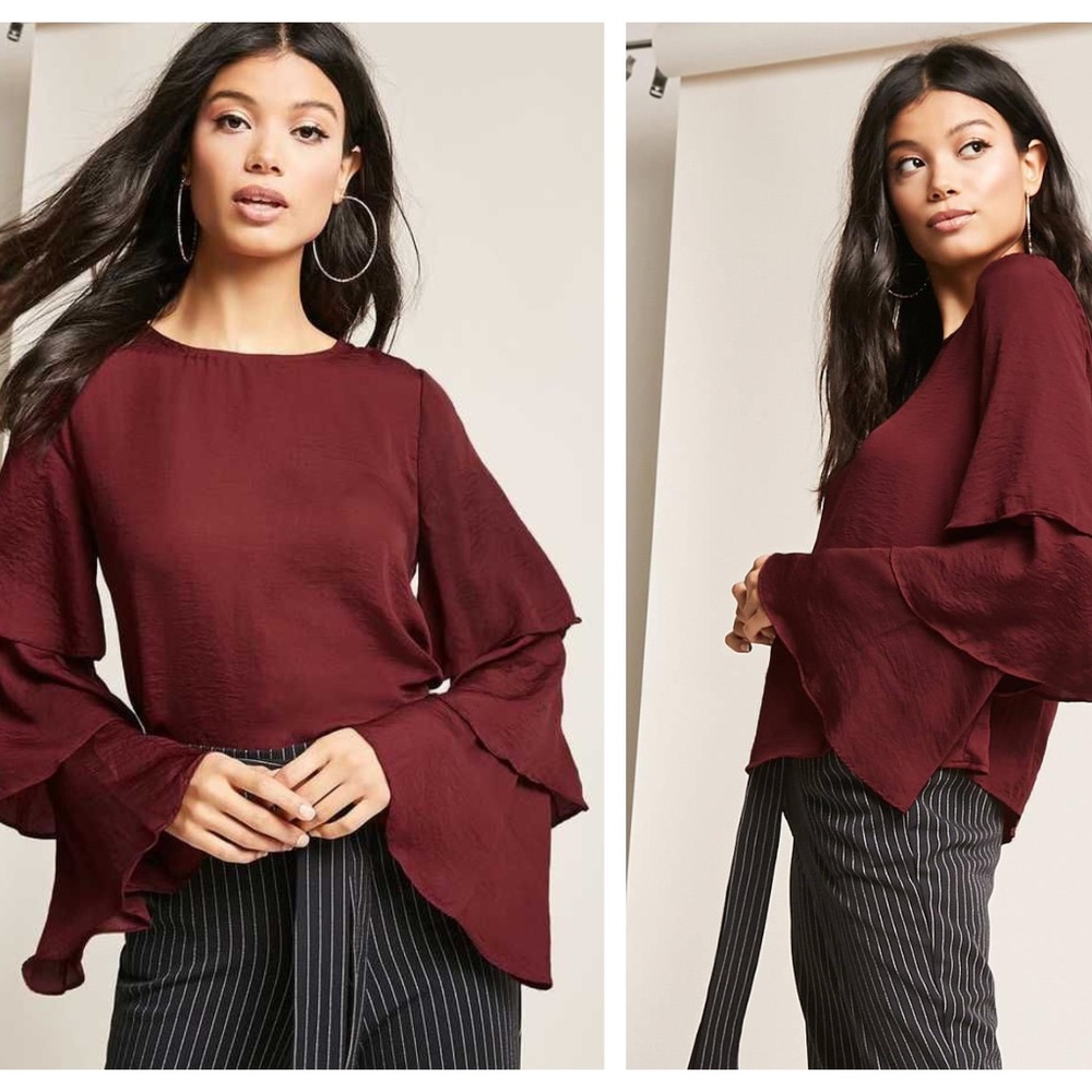 Burgundy Satin Tiered-Sleeve Top